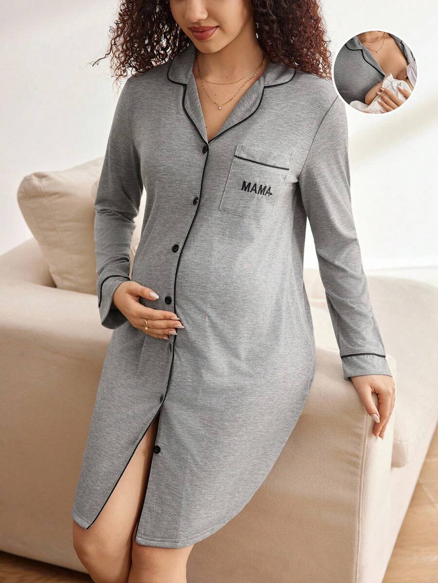 Maternity Contrast Piping Button Front Nightgown - Black Long Sleeve Lapel Collar Loungewear - Cozy Spring and Fall Knitted Home Dress