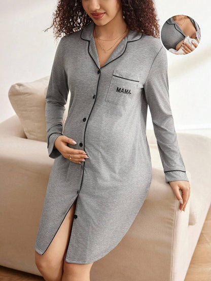 Maternity Contrast Piping Button Front Nightgown - Black Long Sleeve Lapel Collar Loungewear - Cozy Spring and Fall Knitted Home Dress