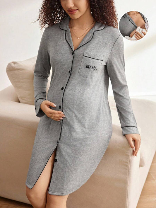 Maternity Contrast Piping Button Front Nightgown - Black Long Sleeve Lapel Collar Loungewear - Cozy Spring and Fall Knitted Home Dress