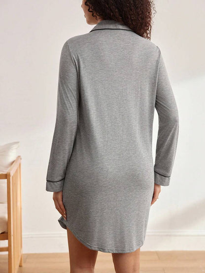 Maternity Contrast Piping Button Front Nightgown - Black Long Sleeve Lapel Collar Loungewear - Cozy Spring and Fall Knitted Home Dress