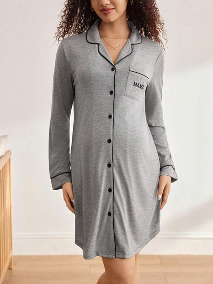 Maternity Contrast Piping Button Front Nightgown - Black Long Sleeve Lapel Collar Loungewear - Cozy Spring and Fall Knitted Home Dress
