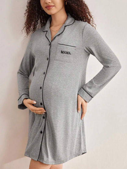 Maternity Contrast Piping Button Front Nightgown - Black Long Sleeve Lapel Collar Loungewear - Cozy Spring and Fall Knitted Home Dress