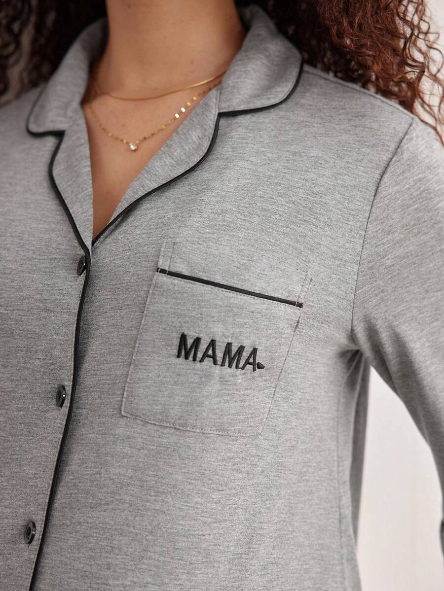 Maternity Contrast Piping Button Front Nightgown - Black Long Sleeve Lapel Collar Loungewear - Cozy Spring and Fall Knitted Home Dress