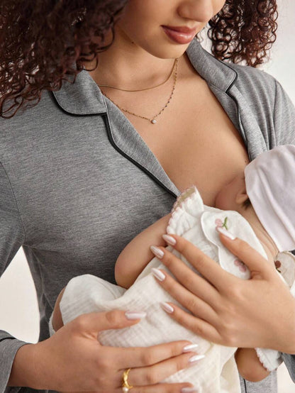 Maternity Contrast Piping Button Front Nightgown - Black Long Sleeve Lapel Collar Loungewear - Cozy Spring and Fall Knitted Home Dress