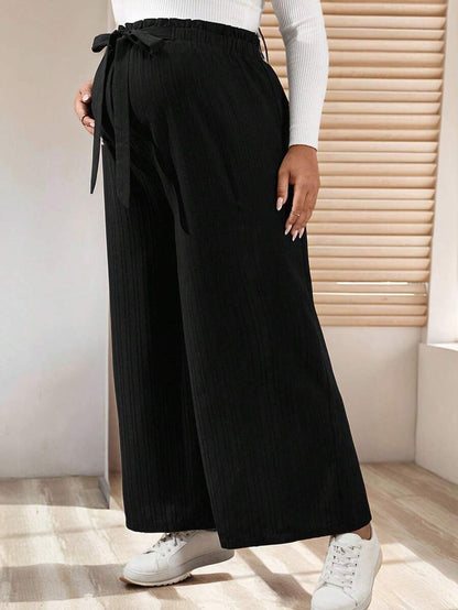 Plus Size Maternity Wide Leg Pants - Belted Knot Waist, Ultra High Waist, Loose Fit, Black