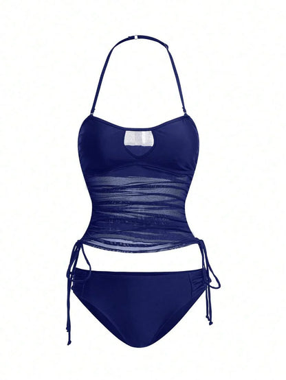 Women's 2-Piece Tankini Set - Detachable Strap Bandeau, Contrast Mesh, Navy Blue