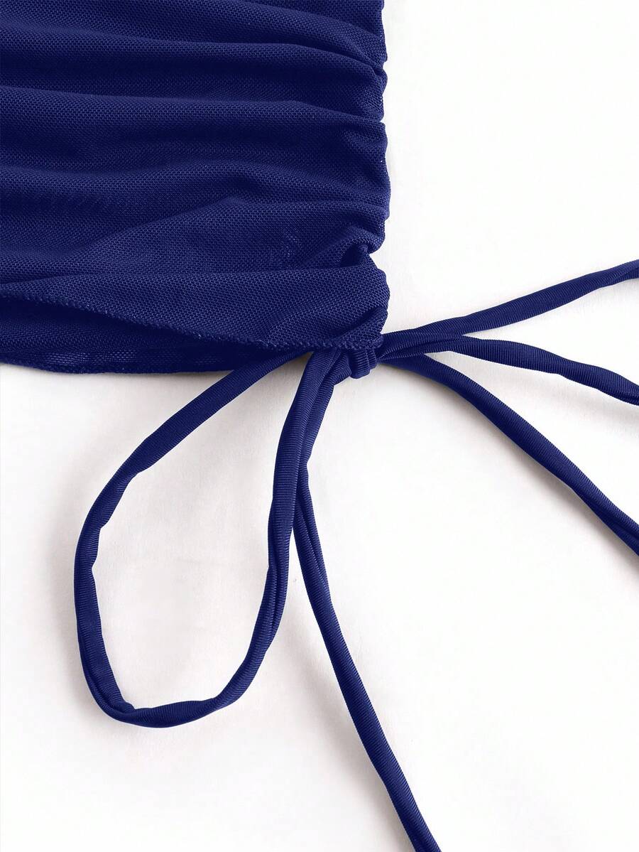 Women's 2-Piece Tankini Set - Detachable Strap Bandeau, Contrast Mesh, Navy Blue