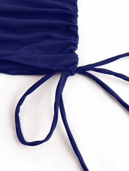 Women's 2-Piece Tankini Set - Detachable Strap Bandeau, Contrast Mesh, Navy Blue