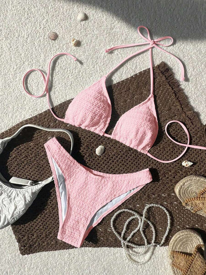 Women's Spaghetti Strap Halter Bikini Set - Tie Back, Side High Cut, Triangle Cup, White
