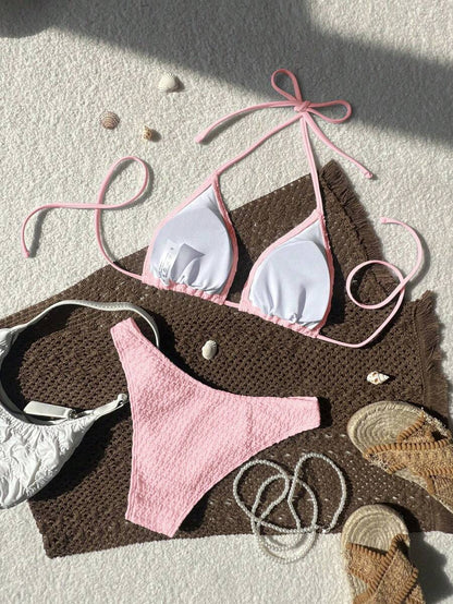 Women's Spaghetti Strap Halter Bikini Set - Tie Back, Side High Cut, Triangle Cup, White