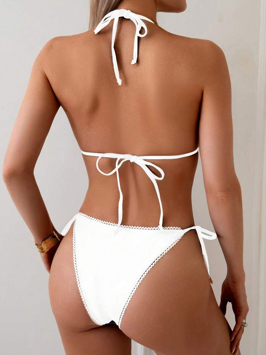Women's 2-Piece Halter Bikini Set - Wave Ruffle, Metal Pendant, Tie Back, Black