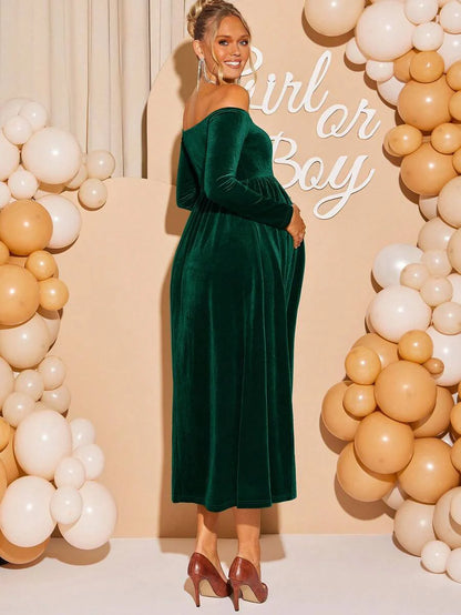 Maternity Off Shoulder Fishtail Baby Shower Long Sleeve Dress Slim Fit Solid Wine Gown Pregnancy Photoshoot Fall Winter