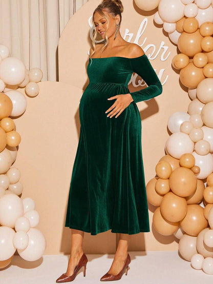 Maternity Off Shoulder Fishtail Baby Shower Long Sleeve Dress Slim Fit Solid Wine Gown Pregnancy Photoshoot Fall Winter