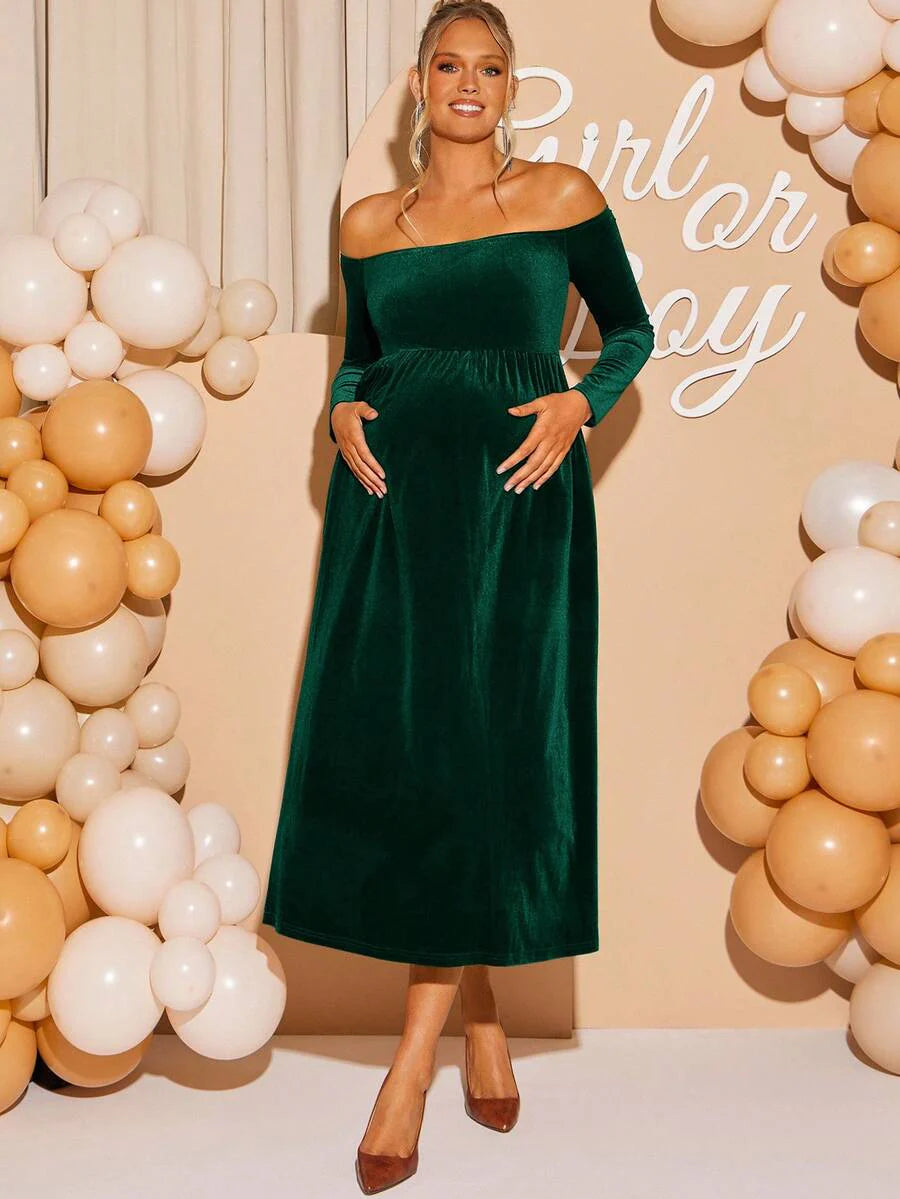 Maternity Off Shoulder Fishtail Baby Shower Long Sleeve Dress Slim Fit Solid Wine Gown Pregnancy Photoshoot Fall Winter