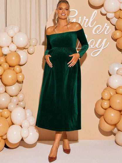 Maternity Off Shoulder Fishtail Baby Shower Long Sleeve Dress Slim Fit Solid Wine Gown Pregnancy Photoshoot Fall Winter