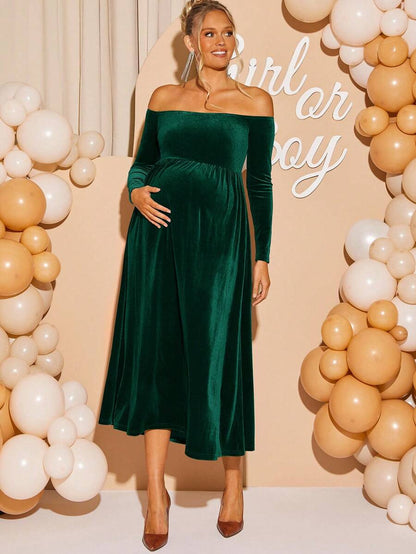 Maternity Off Shoulder Fishtail Baby Shower Long Sleeve Dress Slim Fit Solid Wine Gown Pregnancy Photoshoot Fall Winter