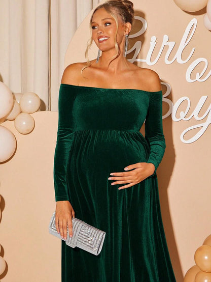 Maternity Off Shoulder Fishtail Baby Shower Long Sleeve Dress Slim Fit Solid Wine Gown Pregnancy Photoshoot Fall Winter