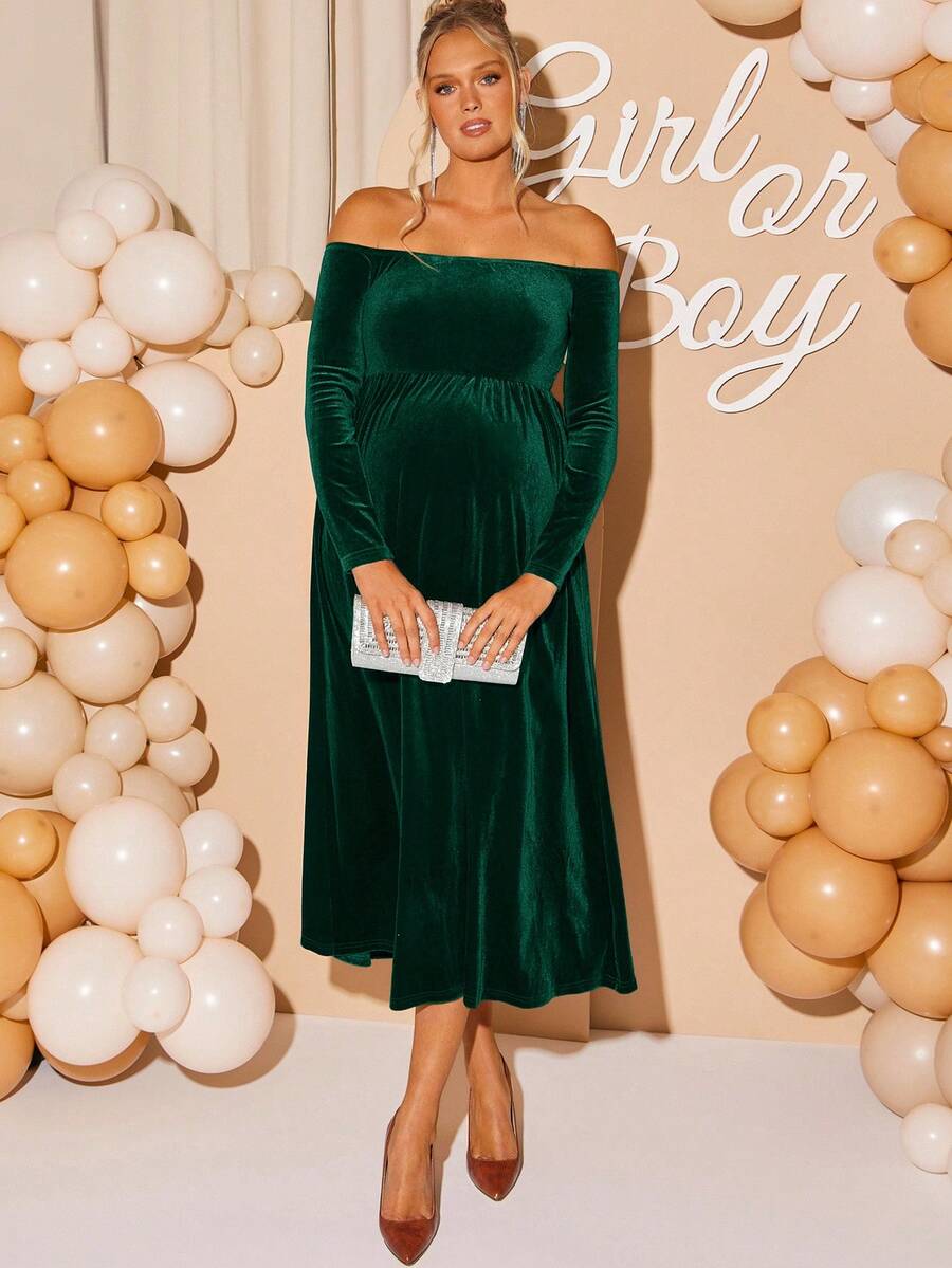Maternity Off Shoulder Fishtail Baby Shower Long Sleeve Dress Slim Fit Solid Wine Gown Pregnancy Photoshoot Fall Winter