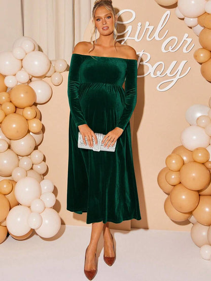 Maternity Off Shoulder Fishtail Baby Shower Long Sleeve Dress Slim Fit Solid Wine Gown Pregnancy Photoshoot Fall Winter