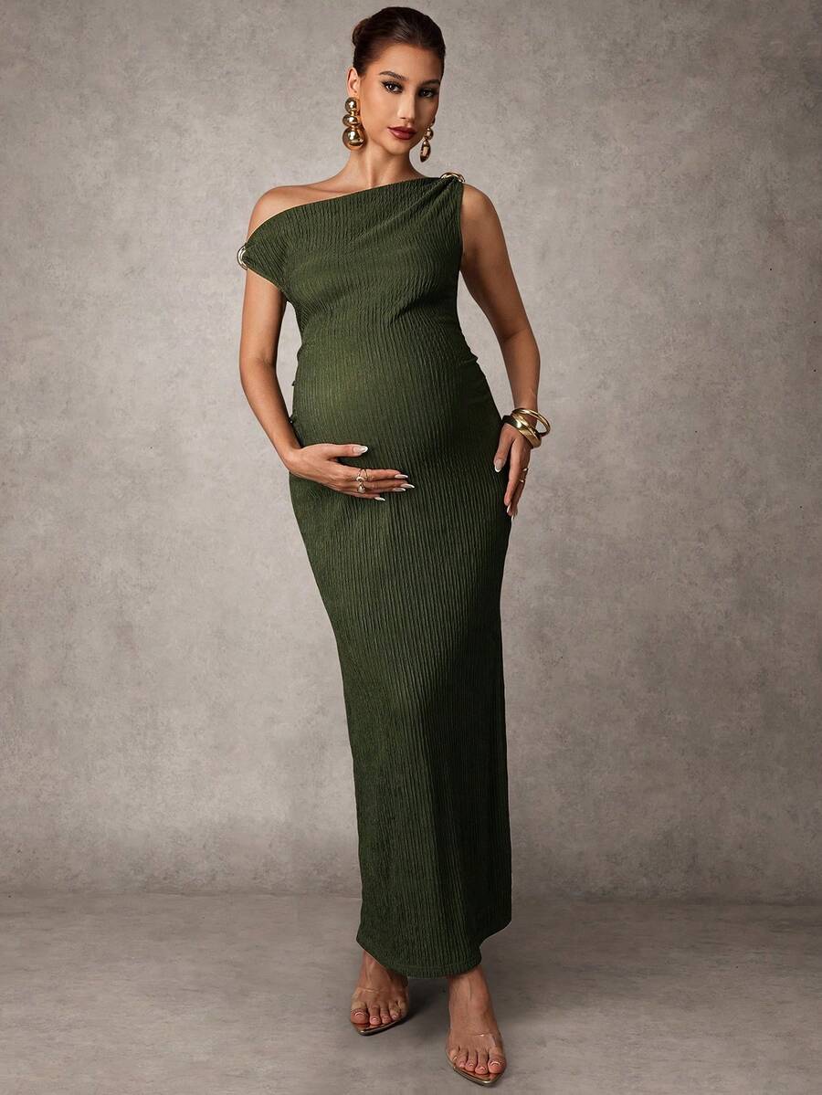 Maternity Casual Oblique Shoulder Sleeveless Long Dress Elegant Dresses Baby Shower Pregnancy Photoshoot Green Pregnant Bump Friendly