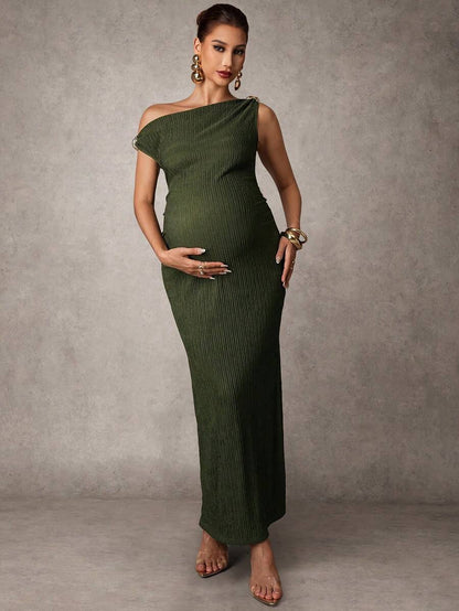 Maternity Casual Oblique Shoulder Sleeveless Long Dress Elegant Dresses Baby Shower Pregnancy Photoshoot Green Pregnant Bump Friendly