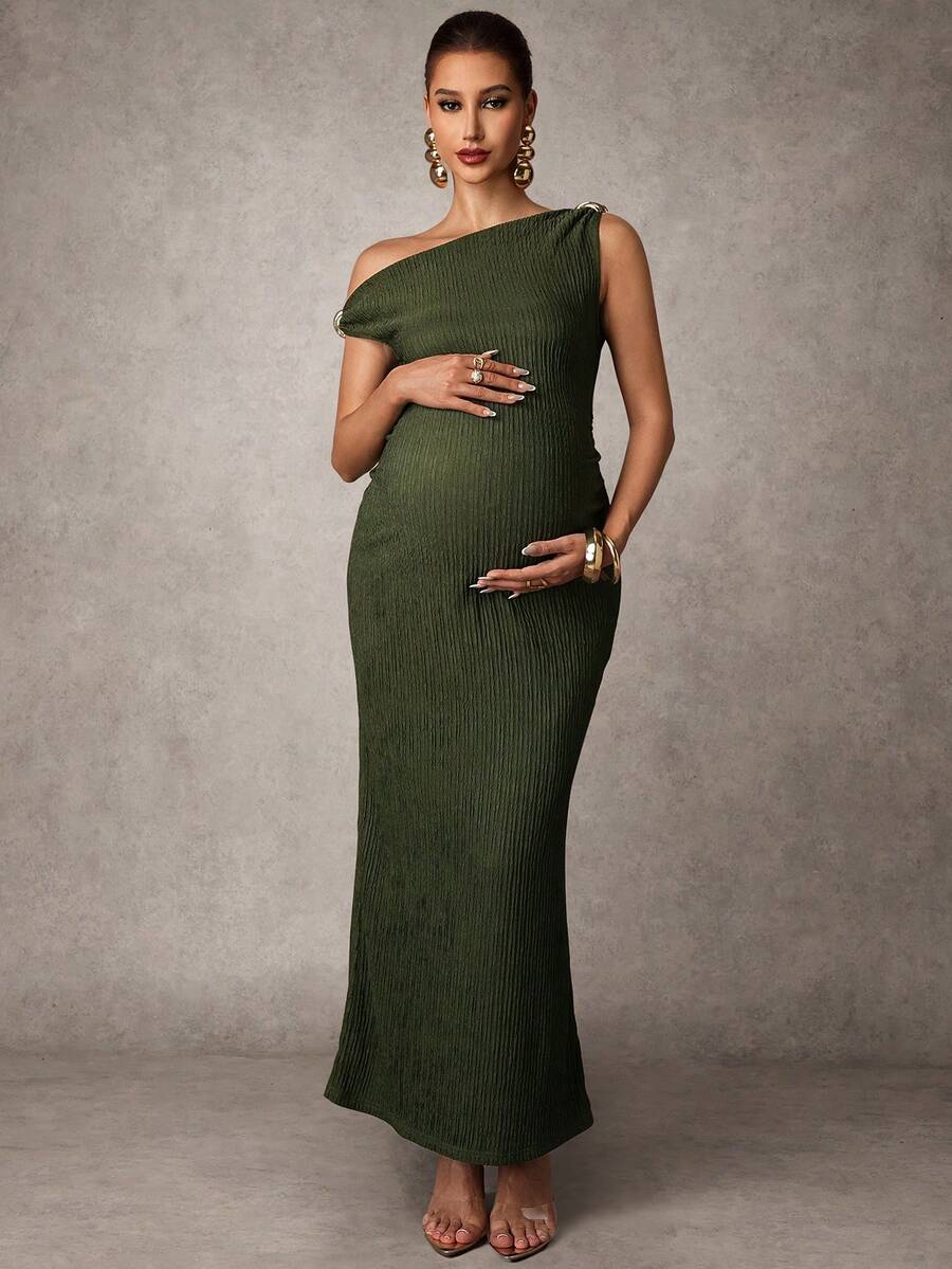 Maternity Casual Oblique Shoulder Sleeveless Long Dress Elegant Dresses Baby Shower Pregnancy Photoshoot Green Pregnant Bump Friendly