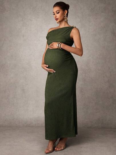 Maternity Casual Oblique Shoulder Sleeveless Long Dress Elegant Dresses Baby Shower Pregnancy Photoshoot Green Pregnant Bump Friendly