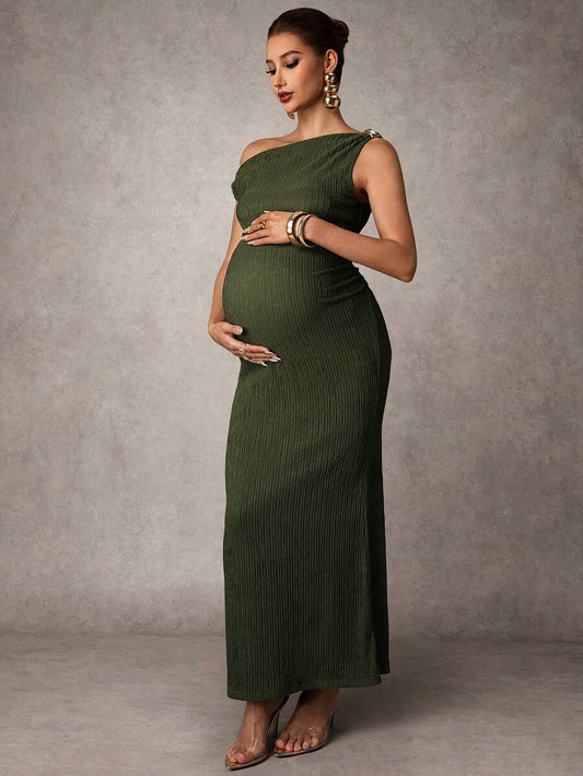 Maternity Casual Oblique Shoulder Sleeveless Long Dress Elegant Dresses Baby Shower Pregnancy Photoshoot Green Pregnant Bump Friendly