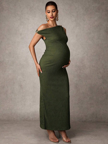 Maternity Casual Oblique Shoulder Sleeveless Long Dress Elegant Dresses Baby Shower Pregnancy Photoshoot Green Pregnant Bump Friendly