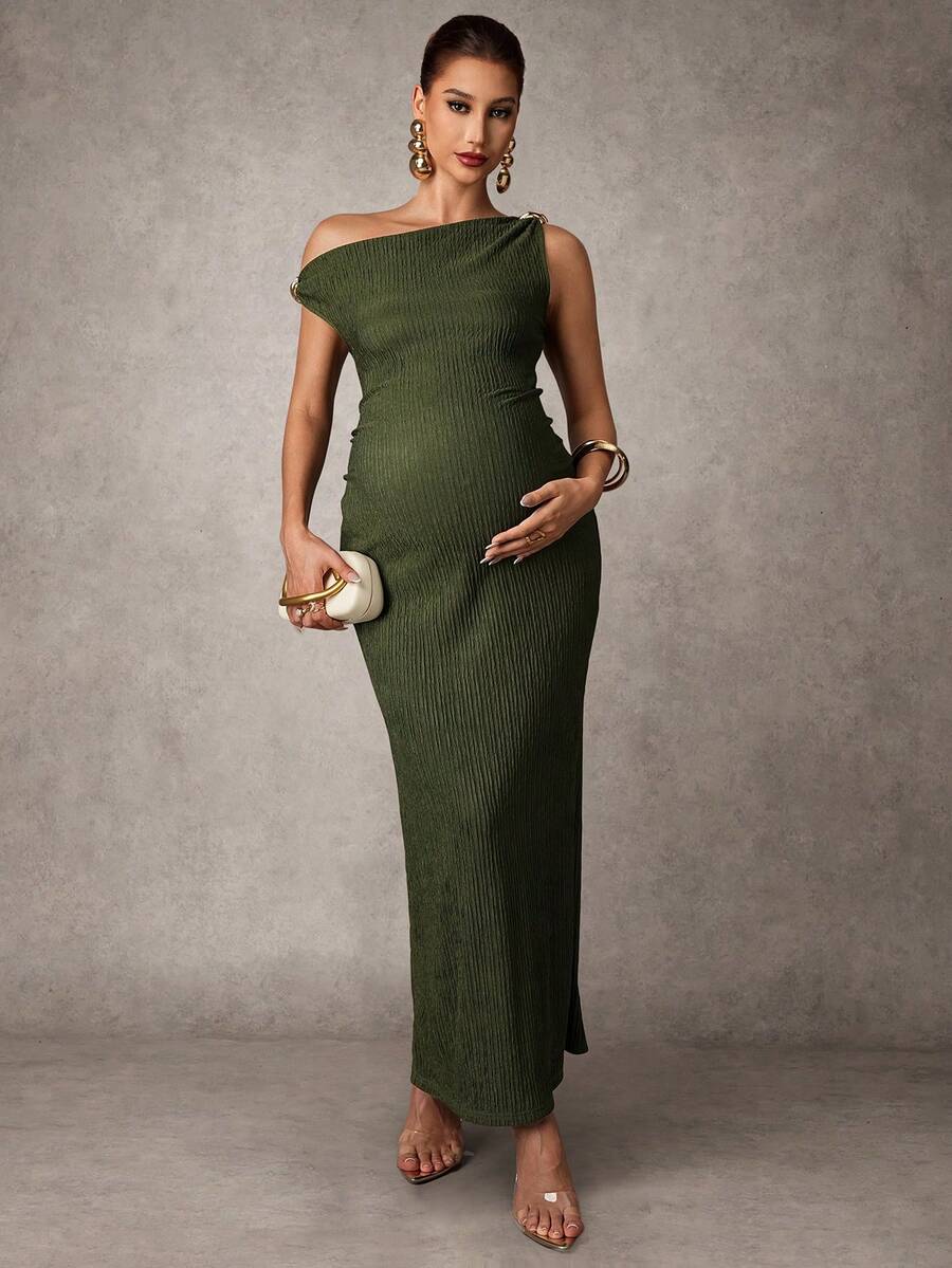 Maternity Casual Oblique Shoulder Sleeveless Long Dress Elegant Dresses Baby Shower Pregnancy Photoshoot Green Pregnant Bump Friendly