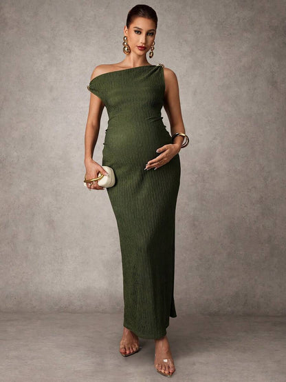 Maternity Casual Oblique Shoulder Sleeveless Long Dress Elegant Dresses Baby Shower Pregnancy Photoshoot Green Pregnant Bump Friendly
