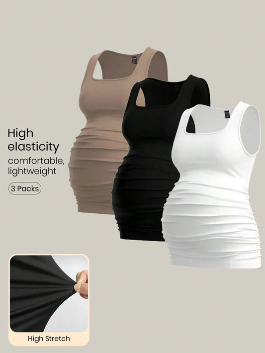 Maternity Ruched Tank Top 3-Pack - Square Neck, Slim Fit, Multicolor