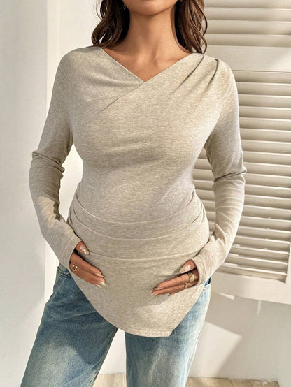 Maternity T-Shirt - Khaki V-Neck Long-Sleeved Ruffled Slim-Fit, Autumn Winter Maternity Wear
