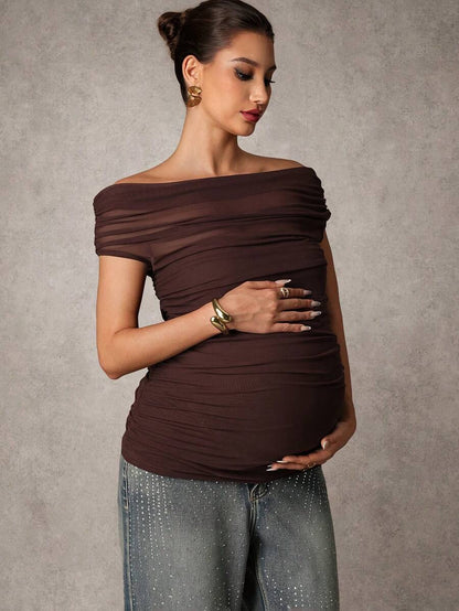 Brown Off-Shoulder Maternity Top with Mesh Ruching Elegant Slim Fit Short Sleeve Stand Collar Shirt for Pregnancy Night Out