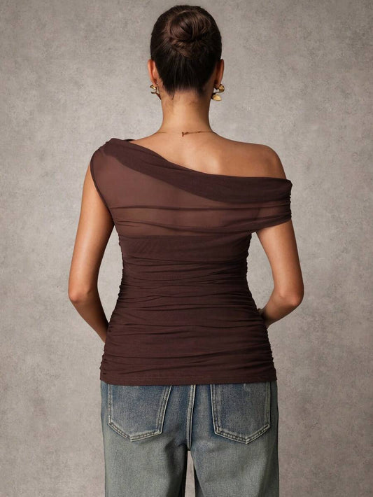 Brown Off-Shoulder Maternity Top with Mesh Ruching Elegant Slim Fit Short Sleeve Stand Collar Shirt for Pregnancy Night Out