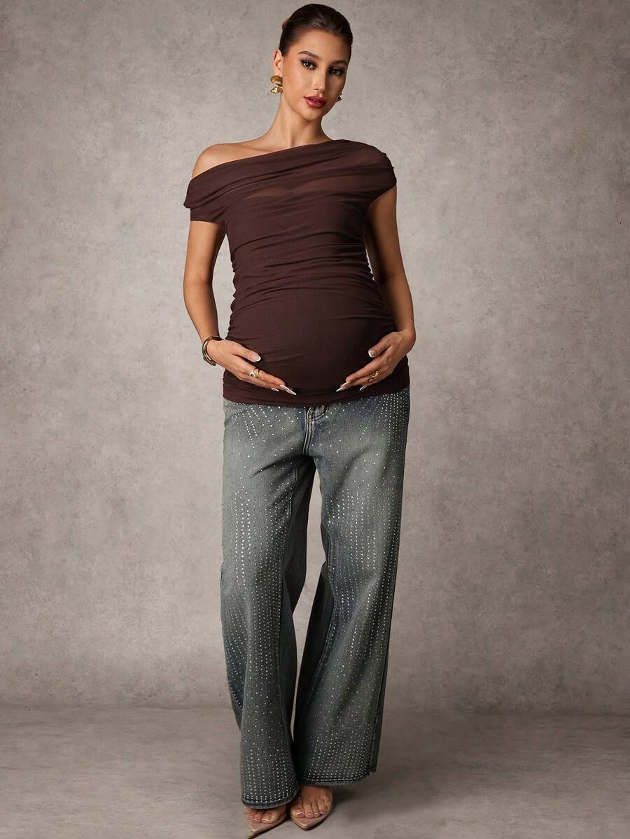 Brown Off-Shoulder Maternity Top with Mesh Ruching Elegant Slim Fit Short Sleeve Stand Collar Shirt for Pregnancy Night Out