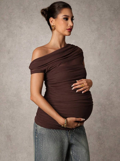 Brown Off-Shoulder Maternity Top with Mesh Ruching Elegant Slim Fit Short Sleeve Stand Collar Shirt for Pregnancy Night Out