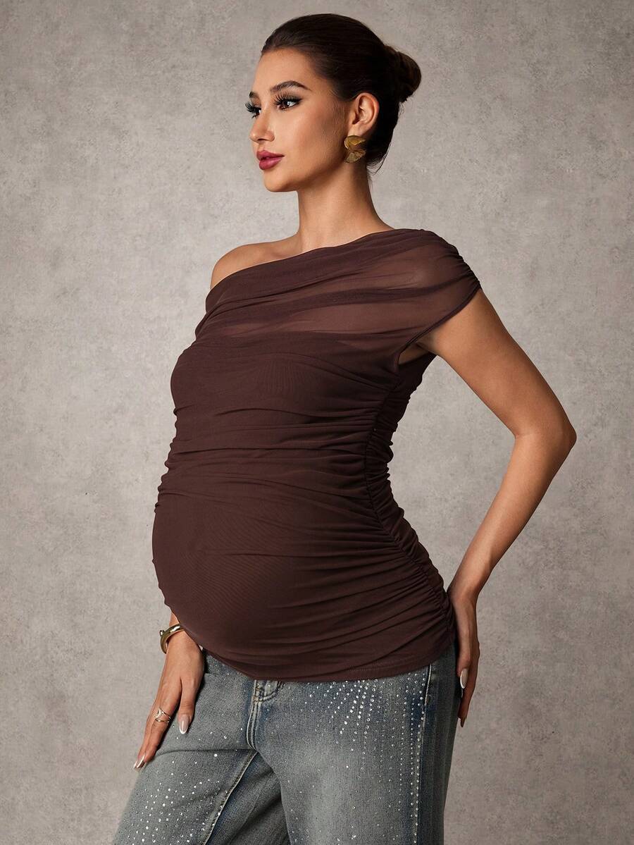 Brown Off-Shoulder Maternity Top with Mesh Ruching Elegant Slim Fit Short Sleeve Stand Collar Shirt for Pregnancy Night Out