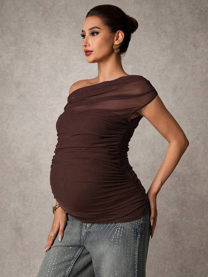 Brown Off-Shoulder Maternity Top with Mesh Ruching Elegant Slim Fit Short Sleeve Stand Collar Shirt for Pregnancy Night Out