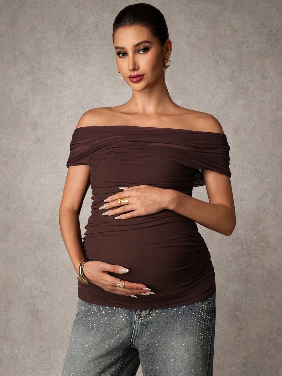 Brown Off-Shoulder Maternity Top with Mesh Ruching Elegant Slim Fit Short Sleeve Stand Collar Shirt for Pregnancy Night Out