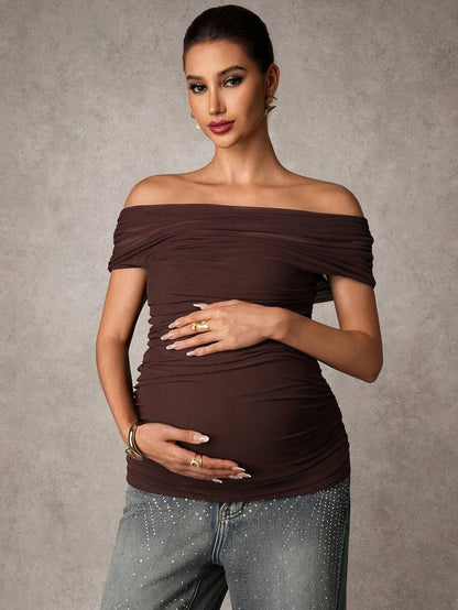Brown Off-Shoulder Maternity Top with Mesh Ruching Elegant Slim Fit Short Sleeve Stand Collar Shirt for Pregnancy Night Out