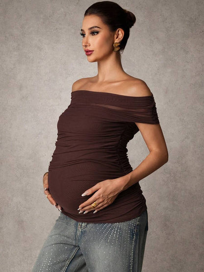 Brown Off-Shoulder Maternity Top with Mesh Ruching Elegant Slim Fit Short Sleeve Stand Collar Shirt for Pregnancy Night Out