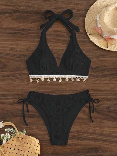 Women's 2-Piece Halter Bikini Set - Shell Trim, V-Cut Triangle, Backless, Black