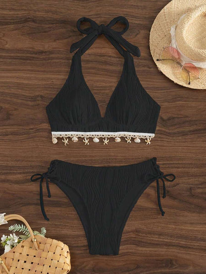 Women's 2-Piece Halter Bikini Set - Shell Trim, V-Cut Triangle, Backless, Black