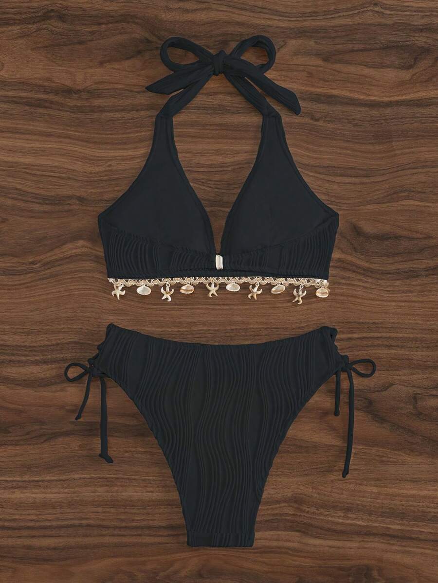 Women's 2-Piece Halter Bikini Set - Shell Trim, V-Cut Triangle, Backless, Black