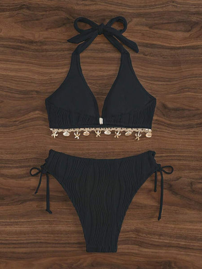 Women's 2-Piece Halter Bikini Set - Shell Trim, V-Cut Triangle, Backless, Black