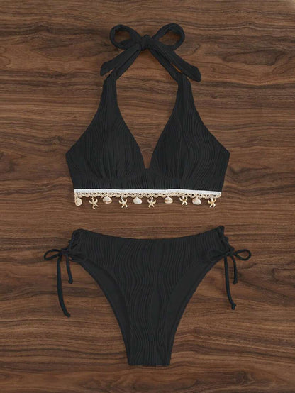 Women's 2-Piece Halter Bikini Set - Shell Trim, Triangle Cup, Floral Print, Apricot