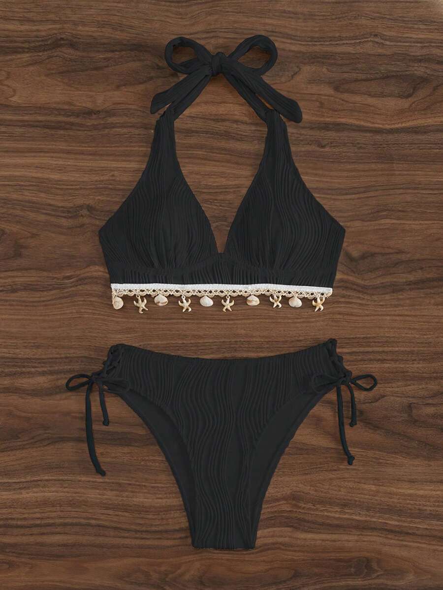 Women's 2-Piece Halter Bikini Set - Shell Trim, V-Cut Triangle, Backless, Black