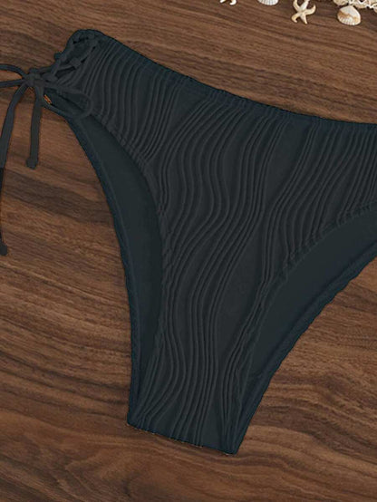 Women's 2-Piece Halter Bikini Set - Shell Trim, V-Cut Triangle, Backless, Black