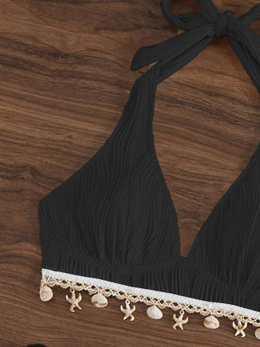 Women's 2-Piece Halter Bikini Set - Shell Trim, V-Cut Triangle, Backless, Black